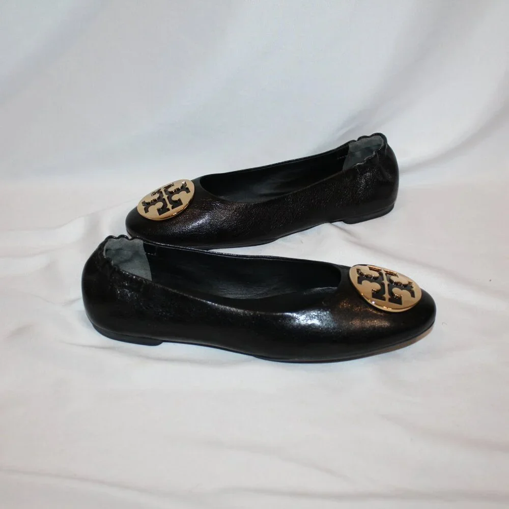 New TORY BURCH‎ CLAIRE LEATHER BLACK GOLD ACCENT BALLET FLAT